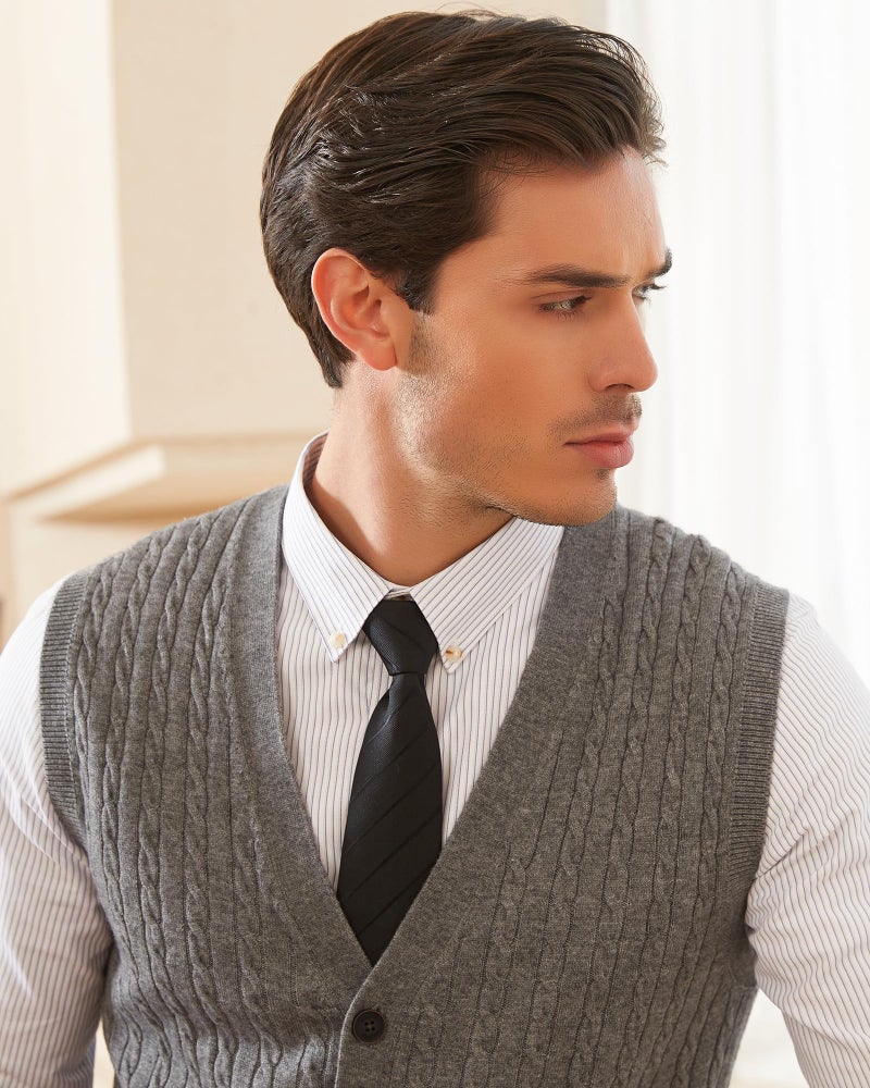 Kallspin Men's Cable Knit Sweater Vest Wool Blend V Neck Button Down Sleeveless Cardigan Vest(Light Grey, 2X-Large) - Image 3